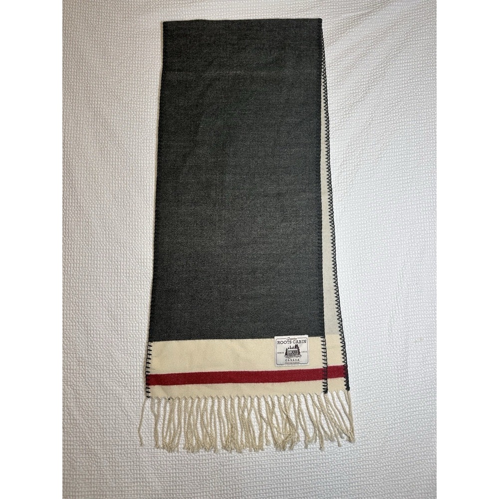 Roots Cabin Blanket Scarf Gray Red Stripe Fringe Wrap One Size Acrylic Canada